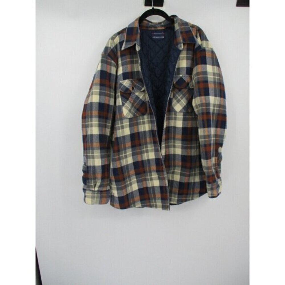 Van Heusen Mens Shacket XL Tan Red Plaid Button Front Quilted Outdoor Preppy